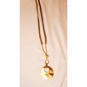 Hammered metal gold tone pendant with leather chain necklace